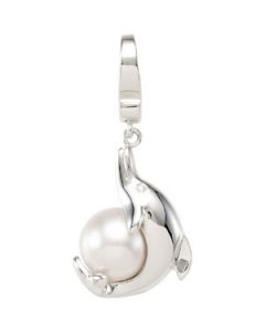 Freshwater Cultured Pearl & Diamond Dolphin Charm Sterling Silver  08.50 - 09.00Mm /.005Cttw; Fw Cult Pearl & Diamond Dolphin Charm