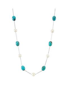 Freshwater Cultured Pearl & Genuine Turquoise Necklace Sterling Silver  07.50-08.00 Mm/12.00X09.00 8.00 Mm/42 Inches Freshwater Cultured Pearl & Genuine Turquoise Necklace