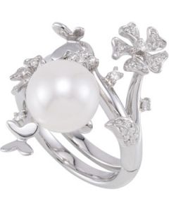 Freshwater Cultured Pearl And Diamond Ring Sterling Silver  10-10.5Mm/ 1/4 C Tw Freshwater Cultured Pearl & Diamond Ring
