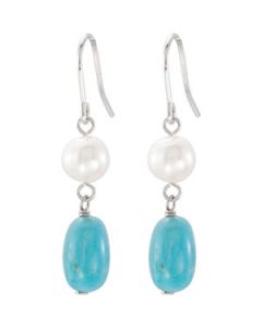 Freshwater Cultured Pearl & Genuine Turquoise Earrings Sterling Silver  .07.00-07.50 Mm/12.00X09.00 Mm/Pair Freshwater Cultured Pearl & Genuine Turquoise Earrings