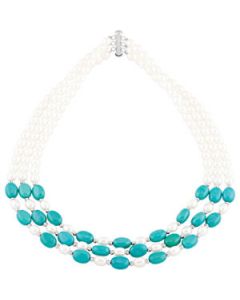 Freshwater Cultured Pearl & Genuine Turquoise Necklace Sterling Silver  18 Inch Freshwater Cultured Pearl & Genuine Turquoise Necklace