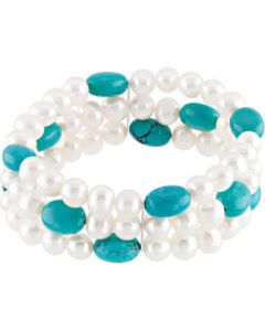 Freshwater Cultured Pearl & Genuine Turquoise Stretch Bracelet Sterling Silver  07.50 Inch Freshwater Cultured Pearl & Genuine Turquoise Stretch Bracelet