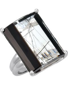 Gen Tourmalinated Quartz And Onyx Ring Sterling Silver  24.00X18.00 Mm Genuine Tourmalinated Quartz And Onyx Ring