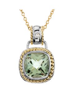 Genuine Checkerboard Green Quartz And Diamond Necklace 14K White/Yellow Gold 12.00X12.00 Mm/ .04 Ct Tw Genuine Checkerboard Green Quartz And Diamond Necklace
