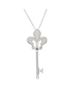 Diamond Fleur De Lis Key Necklace Sterling Silver  1/5 Ct Tw 18