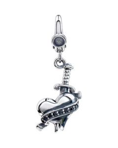 Cubic Zirconia Heart With Dagger Charm Sterling Silver  20.00X16.00 Black Cubic Zirconia Heart Charm