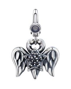 Black Cubic Zirconia Star With Wings Charm Sterling Silver  15.00X17.00 Mm Black Cubic Zirconia Charm