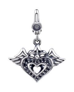 Black Cubic Zirconia Heart With Wings Charm Sterling Silver  18.00X21.00 Mm Black Cubic Zirconia Heart Charm