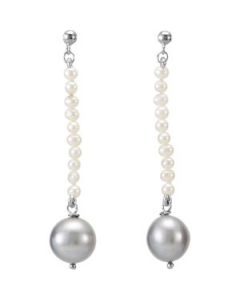 Freshwater Cultured Silver Grey & White Pearl Earrings Sterling Silver  Pair/ 9-10Mm/ 2-3Mm Freshwater Cultured Silver Grey & White Pearl Earrings