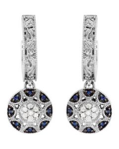 Genuine Blue Sapphire And Diamond Earrings 14K White Gold 00.08 Ct Tw Blue Sapphire And Diamond Earrings