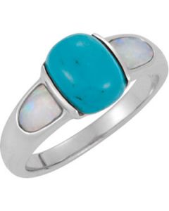 Genuine Turquoise And Opal Ring Sterling Silver  09.00X07.00Mm /05.00X04.00 Mm Genuine Chinese Turquoise And Opal Ring