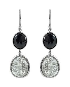 Genuine Onyx And Tourmalinated Quartz Earrings Sterling Silver  Pair Genuine Onyx And Tourmalinated Quartz