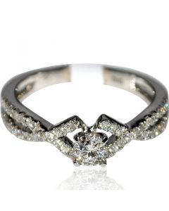 Engagement Ring Round Solitaire Split shoulder criss cross 14K White Gold .56ct