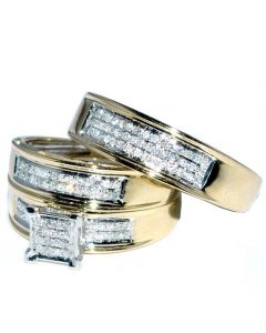 Yellow Gold Trio Wedding Set Mens Women Rings Real 0.4ct Diamonds Princess Pave