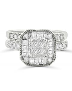 14K White Gold Princess Cut Bridal Set Lage Halo Baguette and Round Diamonds 1.00ctw