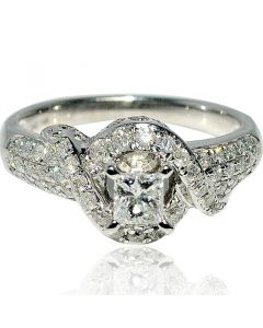 Princess Cut Diamond Engagement Ring Real 0.85ct 14K White gold Pave sides ne