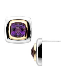 Genuine Checkerboard Amethyst Earrings Sterling Silver & 14K Yellow Gold Pair 08.00X08.00 Mm Genuine Checkerboard Amethyst Earrings