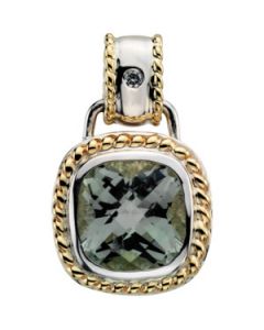 Genuine Checkerboard Green Quartz & Diamond Pendant 14K White/Yellow Gold 12.00X12.00Mm/ .04 Ct Tw
