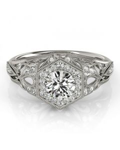 14K White Gold Antique Engagement Ring Semi Mount Fits 1ct Round Solitaire With Halo