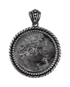 Replica Roman Coin Set Into A Sterling Silver Artisian Coin Frame With Rope Border With Oxidized Finish Sterling Silver  28.20mmx28.34mm Replica Roman Coin Set Into A Sterling Silver Artisian Coin Frame With Rope Border With Oxidized Finish