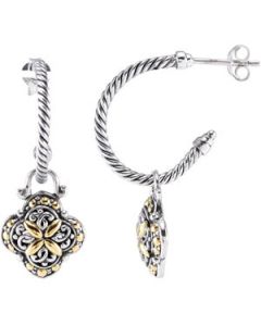 Hoop Earrings With A Flower Shaped Dangle Sterling Silver & 18K Yellow Gold Pair Hoop Earrings With A Flower Shaped Dangle