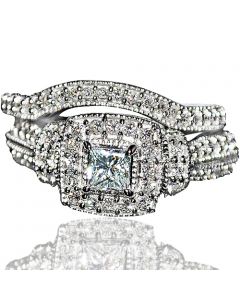 Princess cut Wedding Set Vintage inspired 14K White Gold .33ct Solitaire 1ctw 