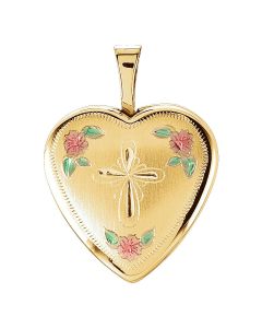 14kt Yellow 15.75mm Tri-Color Cross & Roses Locket