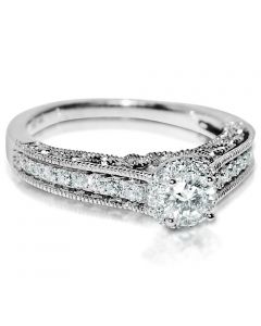 Diamond Engagement ring 14K White Gold 0.68ct Solitaire halo Vintage Filegree