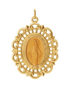 14kt Yellow 32x23mm Oval Filigree Miraculous Medal