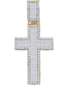 10kt Yellow Gold Mens Princess Diamond Inset Christian Cross Charm Pendant 1-5/8 Cttw 