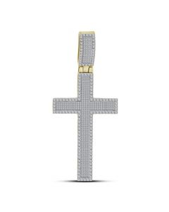 10kt Yellow Gold Mens Princess Diamond Raised Edge Christian Cross Charm Pendant 2-3/8 Cttw 