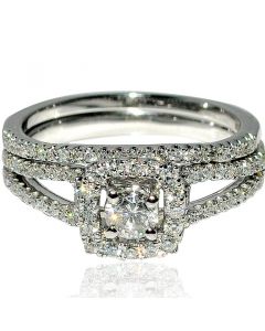 Halo Bridal Wedding Set Solitaire 0.8ct Real diamond 14K Whie Gold New matching