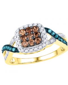 Diamond Anniversary Ring 0.5ct Cognac Blue and White Diamonds 10k Gold