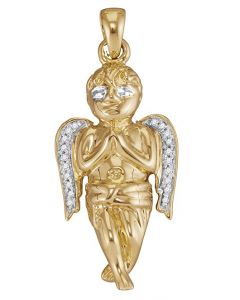 10k Yellow Gold Diamond Mens Womens Small Guardian Angel Cherub Charm Pendant 1/20 Cttw 