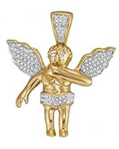 10k Yellow Gold Mens Diamond Polished 3D Guardian Angel Cherub Charm Pendant 1/6 Cttw 