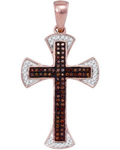 10K Rose Gold Diamond Cross Pendant With Cognac Brown and White Diamonds 1/4cttw 30mm Tall