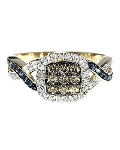 Diamond Anniversary Ring Cognac White and Blue Diamonds 10K Yellow Gold 9.4mm 0.5ct
