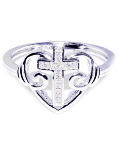 Cross With Heart Ring 0.1ct Diamond 10K White Gold