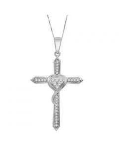 0.15ct Diamond Cross Pendant With Necklace Set With Heart 10K White Gold 