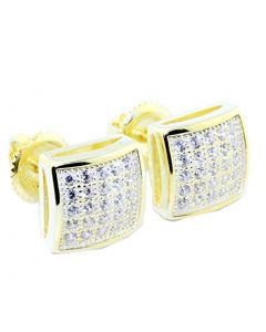 Square Shaped Square Earrings Yellow Gold Finish Silver Screw back 8mm Wide Round Pave CZ