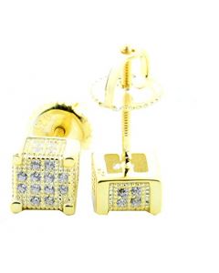 Cube Shaped Stud Earrings Sterling Silver With CZ 6mm Wide Screw Back Yellow Gold Finish