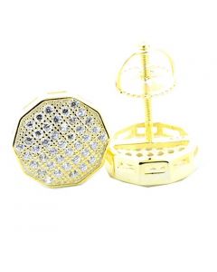 Mens Stud Earrings Gold Finish Sterling Silver Stop Sign CZ Pave Screw Back 10mm