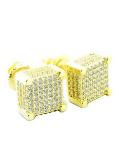9mm Mens Cube Earrings Yellow Gold Finish Sterling Silver Pave Set CZ Screw Back