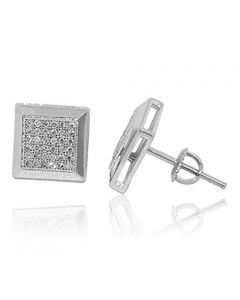 9mm Wide Mens Earrings 10K White Gold 0.2ctw Diamonds Screw Back Square