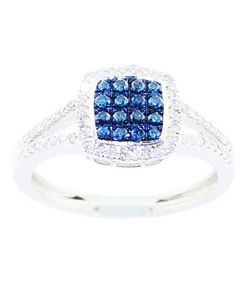 Blue and White Diamond Split Shoulder Halo Ring 10K White Gold 0.33ctw