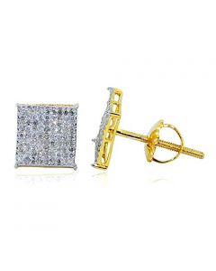 10K Gold Diamond Stud Earrings 8.5mm Wide Square Princess Shaped Pave Set Screw back