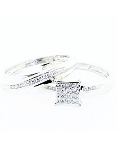 10K White Gold Bridal Trio Rings Set His and Her Rings 0.25ctw Diamonds