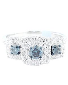 0.75ct Blue White Diamond Bridal Wedding Rings Set 10K White Gold 3 Stone Style