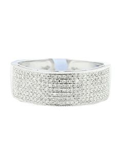 Mens 8mm Wide Wedding Band 10K White Gold 0.6ctw Pave Diamonds