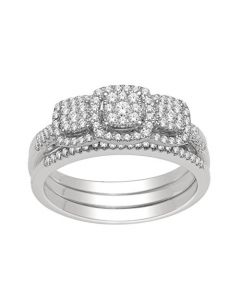 0.5ct Diamond Wedding Set 3pc 10K White Gold 3 Stone Style Halo 7mm Wide